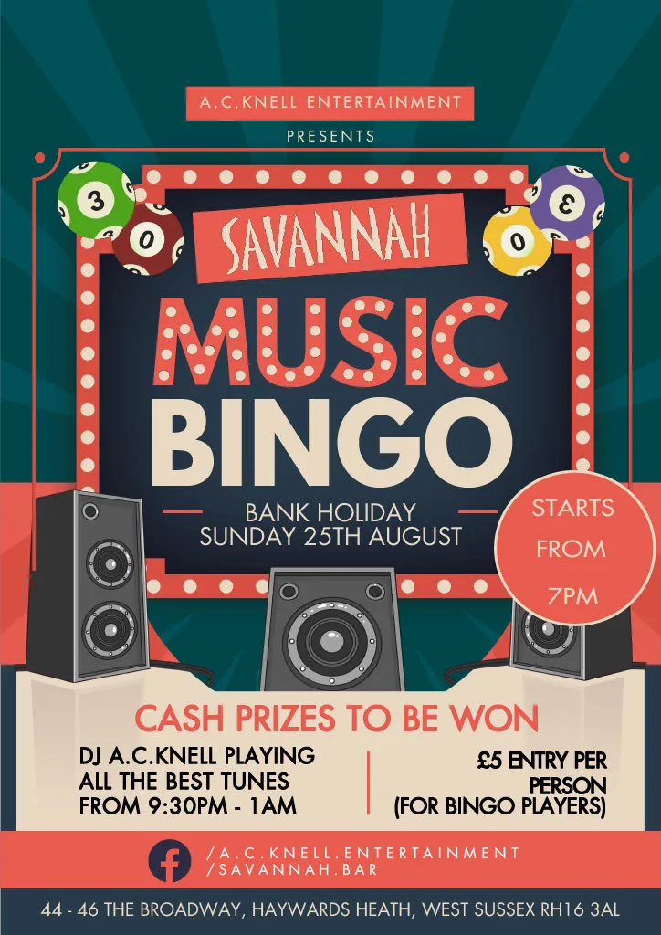 Music Bingo at Savannah Café Bar in Haywards Heath